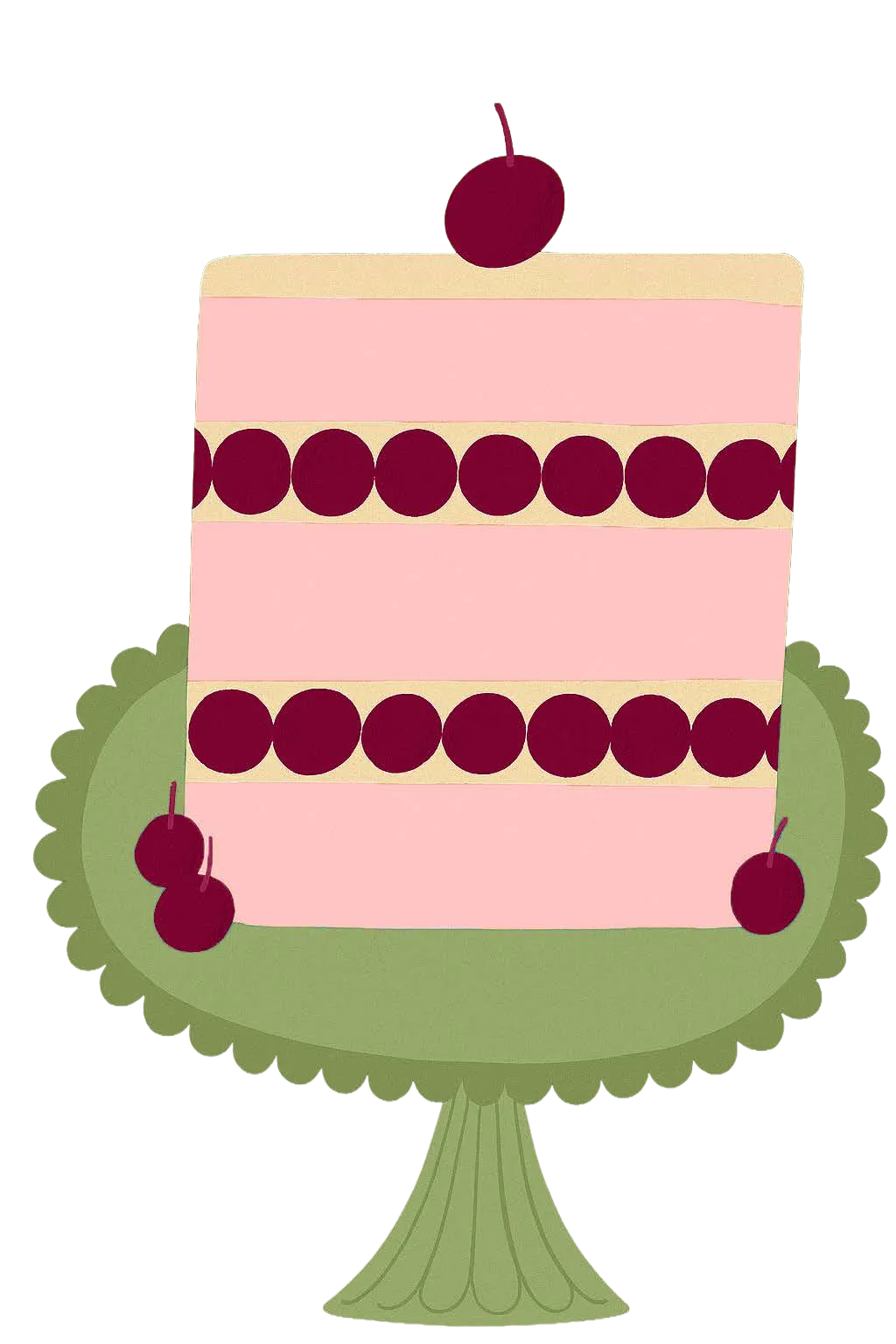 Ilustración de una torta con cerezas sobre una tortera verde